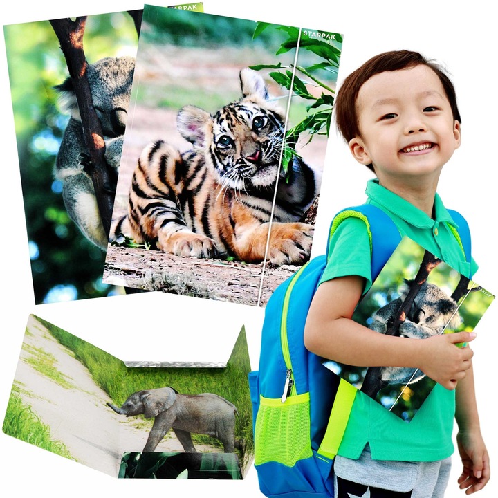 Teca A4 laminata cu elastic STARPak Wild Animal, design multicolor, carton rezistent, pentru copii, gradinita si scoala primara