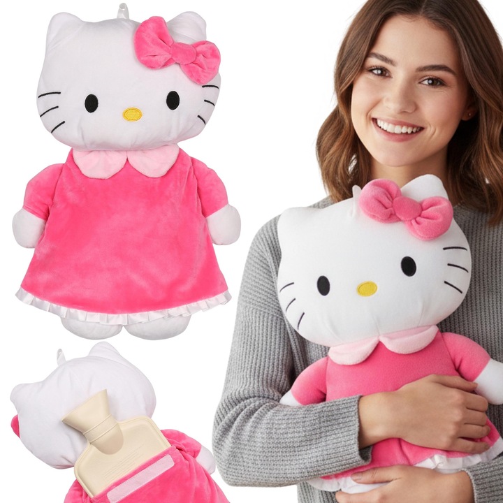 Termofor pentru apa Hello Kitty, 750ml, husa moale si plusata, multicolor, reutilizabil