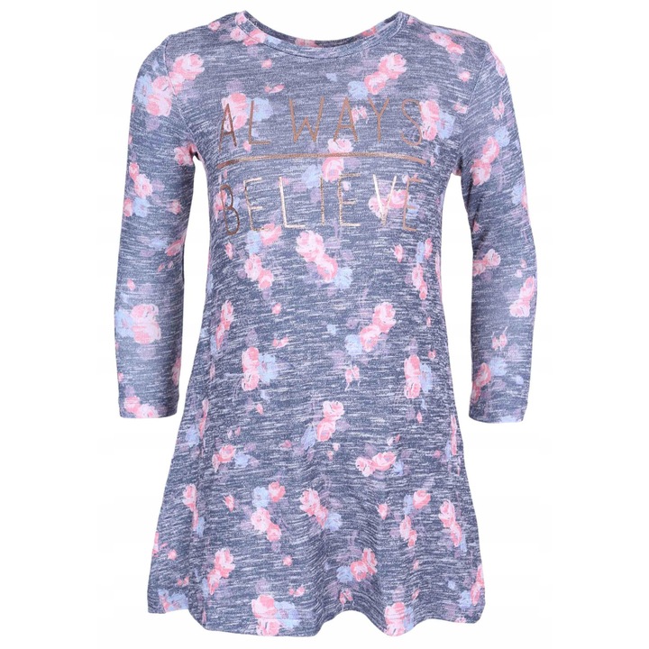 Rochie fete Young Dimension, gri, imprimeu floral, maneca lunga, 104 CM