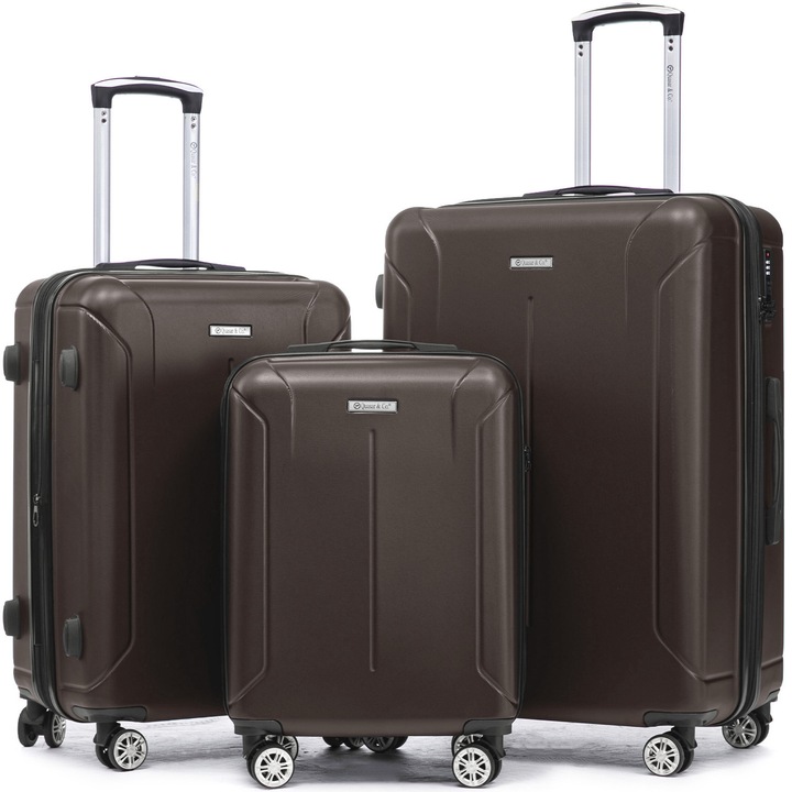 3 darabos Quasar & Co.® bőröndszett, S/M/L, lopásgátló cipzáras bőröndök, számzáras poggyász, teleszkópos fogantyú, bőröndök 4 csendes 360°-ban forgó dupla kerékkel, extradur ABS 2.8 mm, szivacsos bélés, 2-2 rekesz zsebbel, SMART, sötét kávé