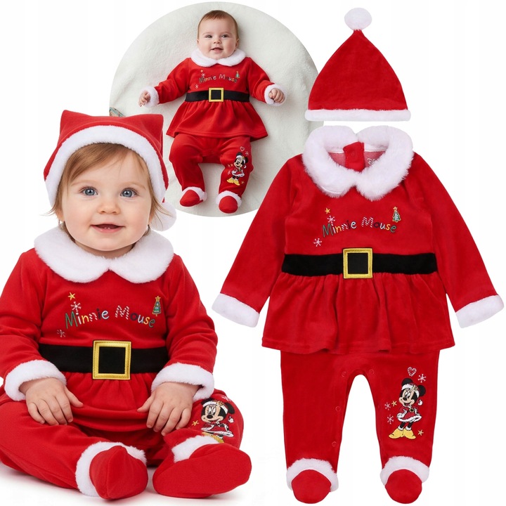 Compleu Bebe Disney Minnie Mouse, Costum Craciun, Velur Moale, Caciulita cu Pompon, Marimea 68 cm