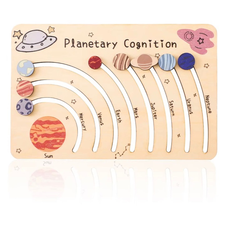 Tabla educativă din lemn Denn, Planetary Cognition, 8 planete mobile, culori pastelate, 18+ luni
