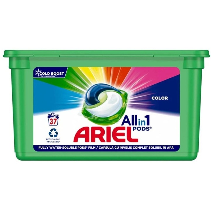 Set capsule gel Ariel 37x23.8g pentru rufe colorate, plastic rigid