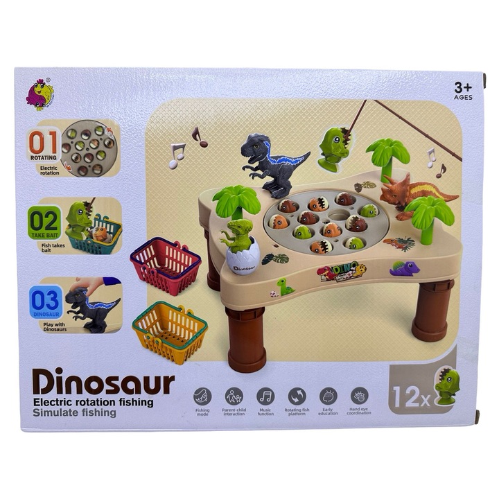 Joc educativ JPT, Jocul de pescuit interactiv Dinosaur Electric Rotation Fishing, 12 figurine, rotatie electrica, muzica, multicolor