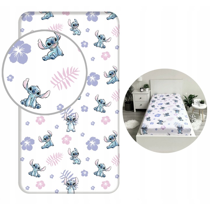 Cearsaf pentru copii, Stitch Disney, bumbac 100%, 90x200+25 cm, certificat OEKO-TEX, motiv vesel