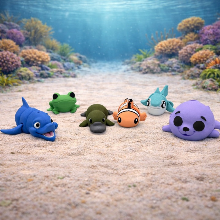 Set de 6 figurine printate 3D Aqua Explorers, PrintForge®, modele articulate, fabricate din PLA, fara BPA, Multicolor