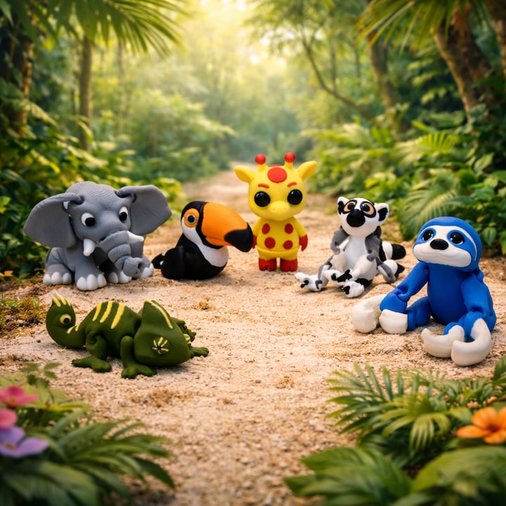 Set de 6 Figurine printate 3D, Exotic Safari, PrintForge®, modele articulate, fabricate din PLA, fara BPA, Multicolor