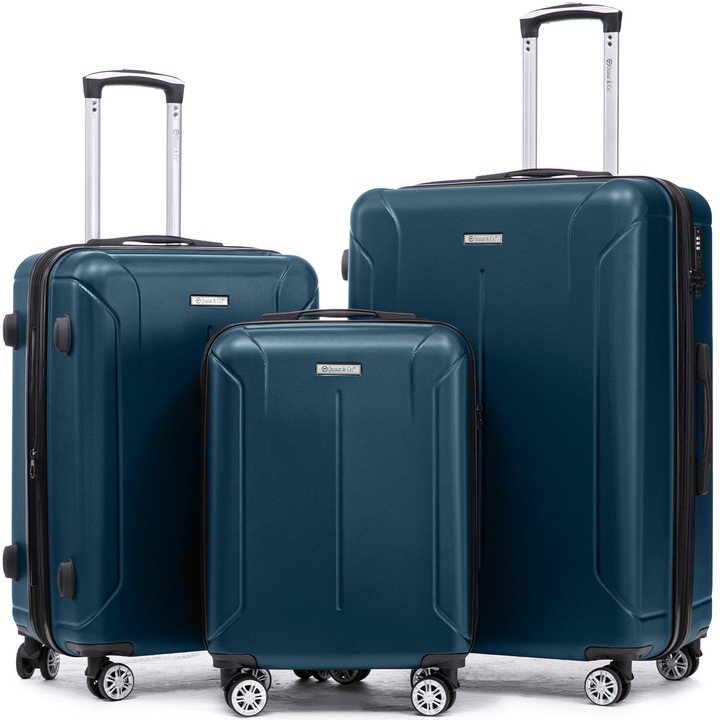 Комплект от 3 куфари Quasar & Co. модел SMART, S/M/L, Багаж за чекиране, Куфари с защитен цип, багаж с код, Телескопична дръжка, Багаж с код, Куфари с 4 безшумни двойни колелца 360°, ABS, Петролно синьо