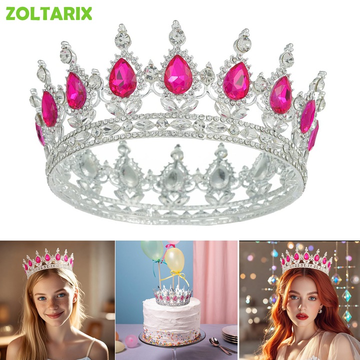 Topper Tort Coronita Cu Pietre Pretioase, ZOLTARIX, decoratiune pentru ornat torturi, Strasuri cu coroana reginei, Coroane si diademe de nunta, Accesorii de par pentru petreceri costumate, Coroana de ziua de nastere, Craciun Parte, Auriu/Rose