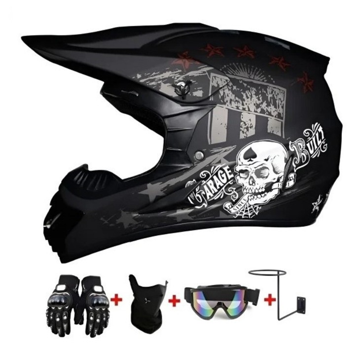 Комплект Каска Крос Dark Skull, с Ръкавици, Очила, Балаклава за Мотоциклети, Мръсен Велосипед, Ендуро, Атв, Размер XS, Flytec