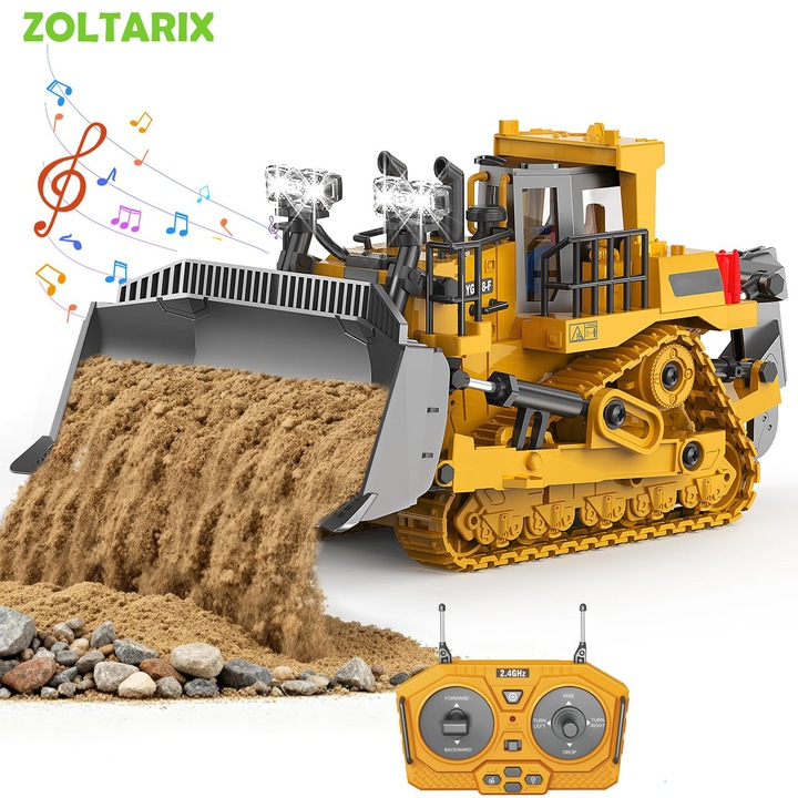 Buldozer cu telecomanda ZOLTARIX, scara 1:24, lopata metalica, 2.4GHz, 9 canale, pentru 3+ ani