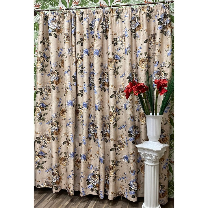 Set doua draperii cu rejansa, culoare cappuccino/bleu, colectia "Bucurie florala" by Liz Line, 2x140x245cm - SD02314