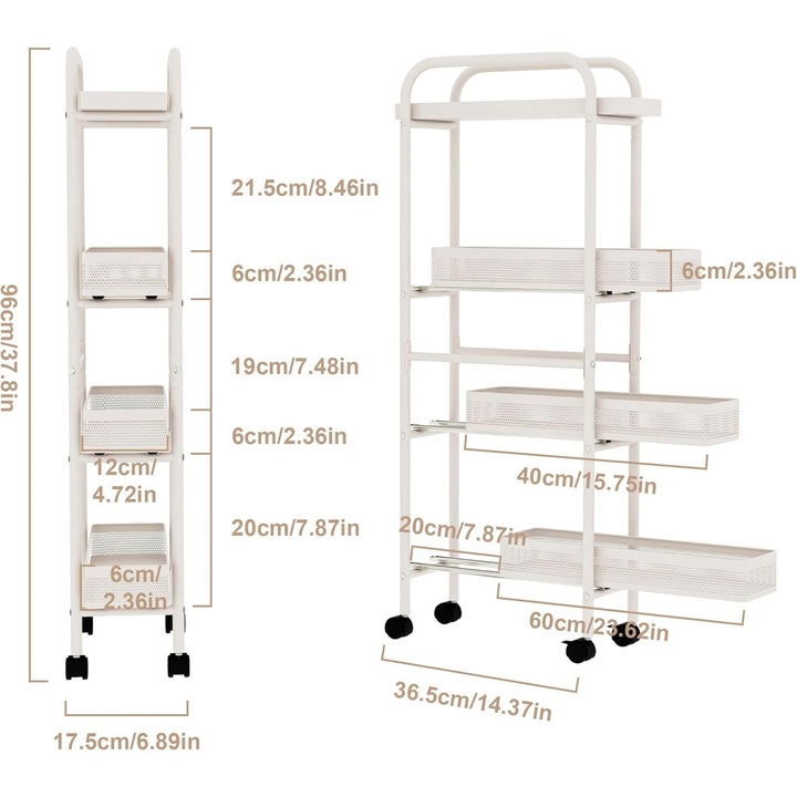Метална количка на 4 нива бяла, 17x40x96см, за кухня, баня, перално помещение