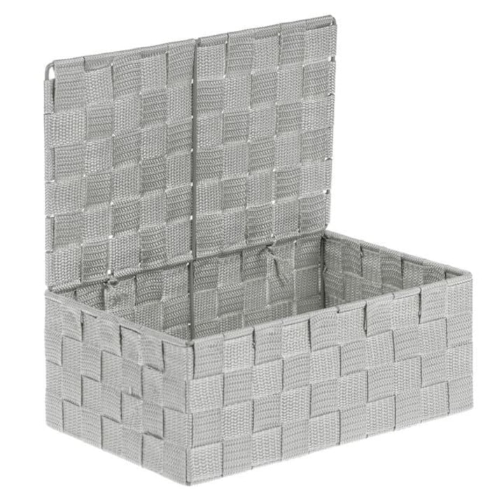 Cos Depozitare Metalic Gri cu Capac Tip Ratan Organizare Baie Bucatarie Birou Sertar 27.5x17.5x11cm