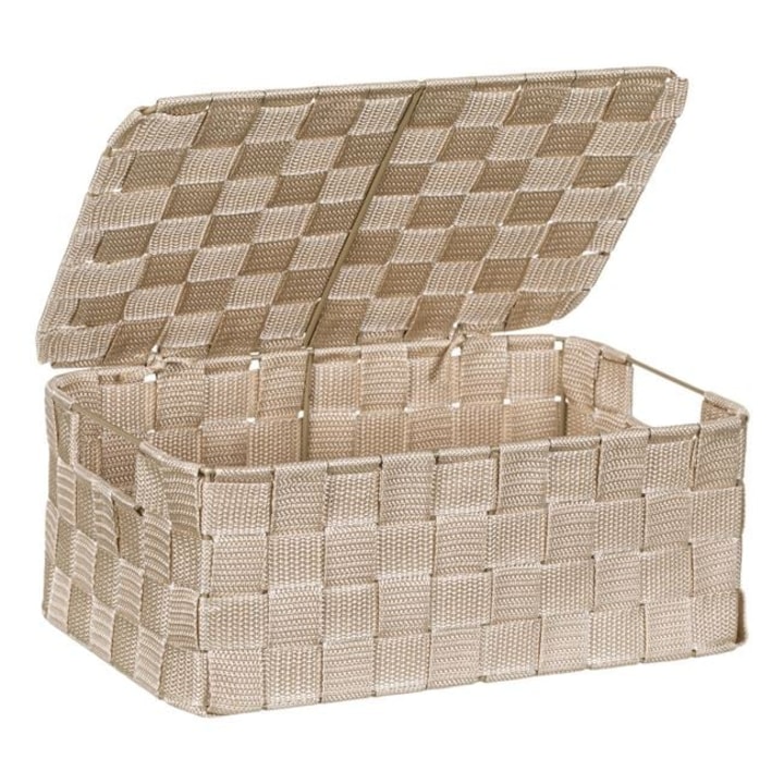Cos Depozitare Impletit Bej cu Capac si Cadru Metalic Organizare Casa Birou Baie Dulap 30x20x12cm