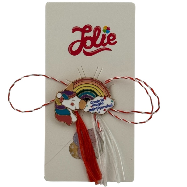 Martisor pentru copii, Jolie, Material Metal, Ambalaj Carton cu Design, Dimensiune Brosa Aproximativ 2x2 cm, Multicolor, cu Mesaj, Model Curcubeu si Unicorn
