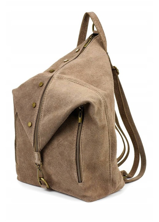 Rucsac dama din piele intoarsa Vera Pelle, taupe, 38x37x13cm, cu 3 buzunare externe