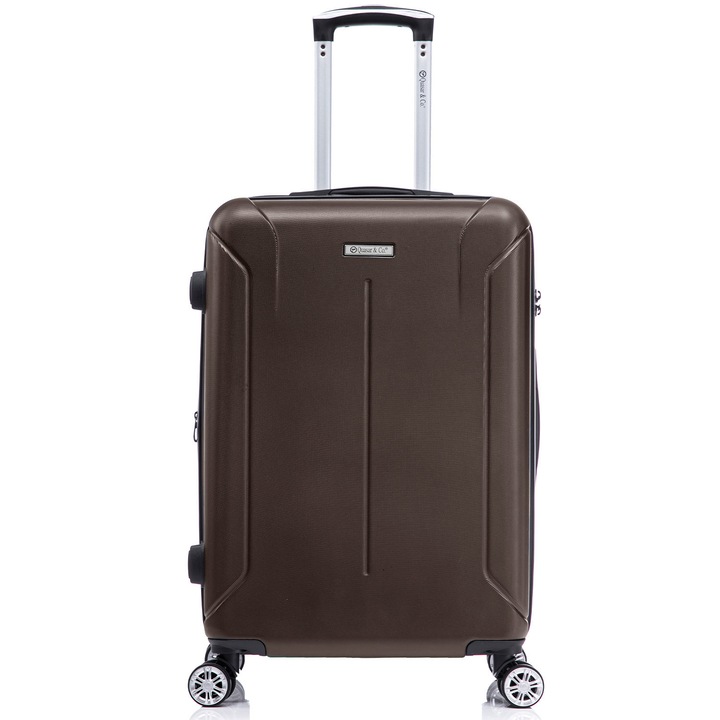Troler mediu extensibil Quasar & Co.®, 66.5x45x28-33cm, bagaj de cala, troller avion cu fermoar antifurt, cifru, maner telescopic, geamantan cu 4 roti duble silentioase 360°, valiza ABS 2.8 mm, 2 compartimente cu buzunar, SMART, dark coffee