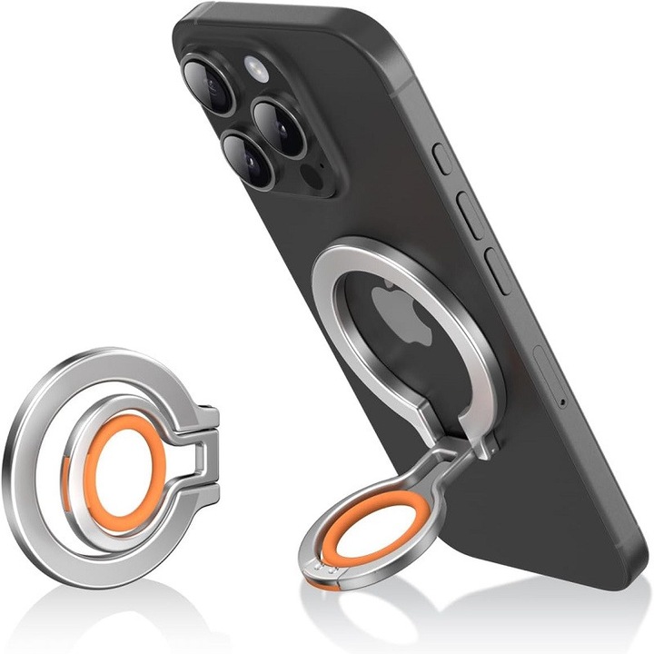Suport magnetic pentru telefon cu inel reglabil si sprijin, argintiu