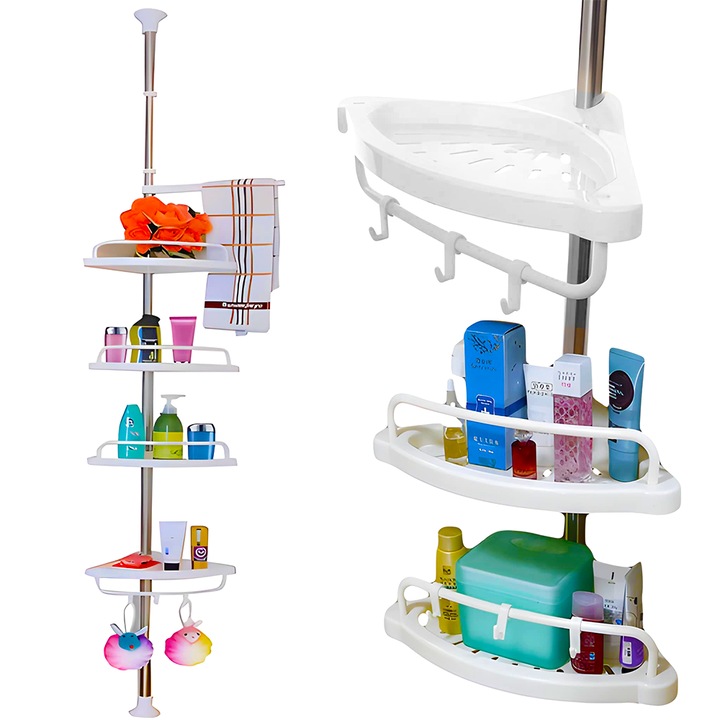 Etajera de Colt pentru Baie Teno®, 4 rafturi, suport prosop, carlige, inaltime reglabila, scurgere pentru apa, 3.2 m. alb