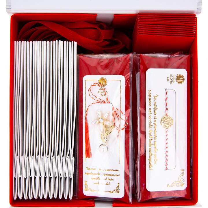 Box Martisoare 12 buc. - Brosa-Bratara Alb-Rosu Gold Plated Alpha