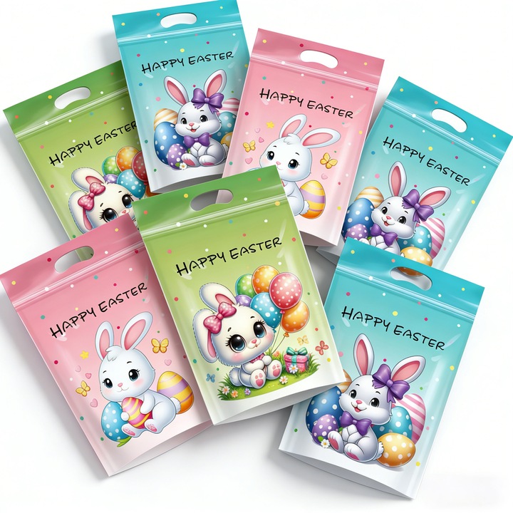 Pungi de ambalare pentru cadouri, set de 10 bucati, model iepuras de Paste, plastic, 15.5x22.5cm, multicolor