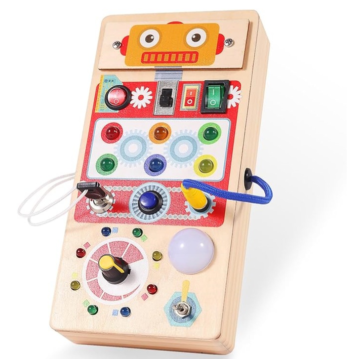 Jucarie Educativa Montessori Busy Board, Esther Beauty®, cu 15 comutatoare LED Jucarie Senzoriala lemn, 1 an+, 19x10x5cm, Rosu