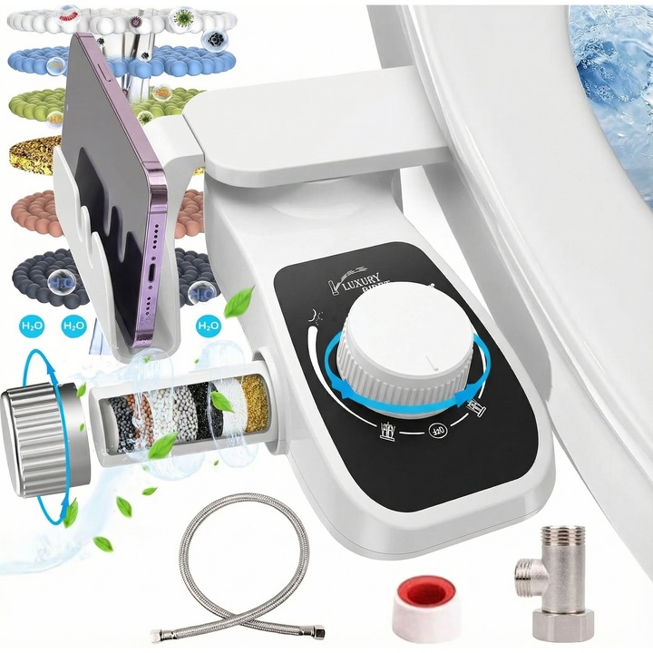 Bideu pentru toaleta cu functie de filtrare, accesoriu pentru capac de toaleta cu autocuratare, neelectric, cu control al presiunii, duze duble si filtru de apa moale in mai multe etape