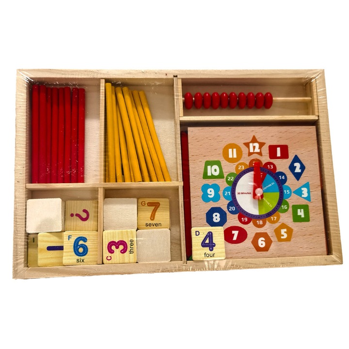 Joc educațional din lemn, tangram și ceas, 7cm, set pentru 3-6 ani