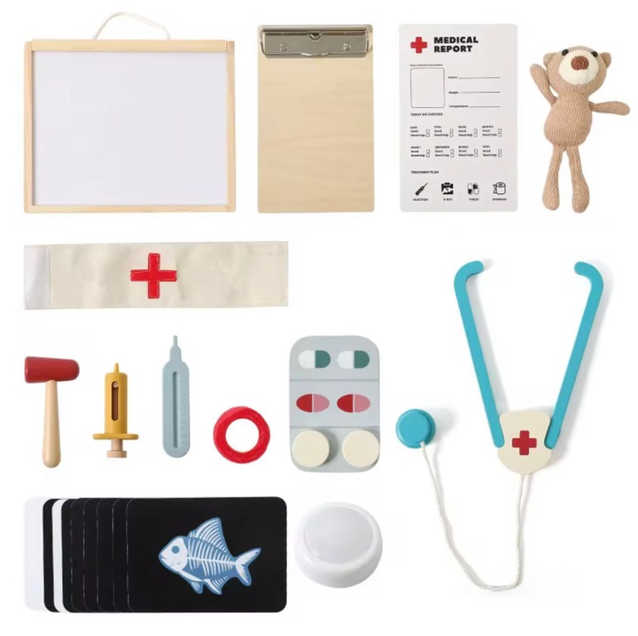 Set doctor din lemn Denn, trusă medicală de jucărie, 14 piese, colorat, 3+ ani