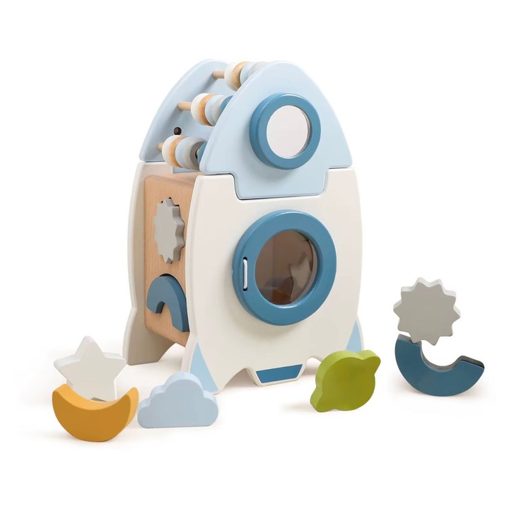 Jucărie educativă din lemn Denn Racheta multifuncțională, sorter forme și numărător, culori pastelate, 12+ luni