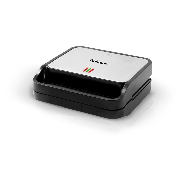 Sandwich maker Rohnson R2763, 850W, placi detasabile si antiaderente 22.5x12.6 cm, picioare antiderapante, maner izolat termic, protectie supraincalzire, argintiu-negru