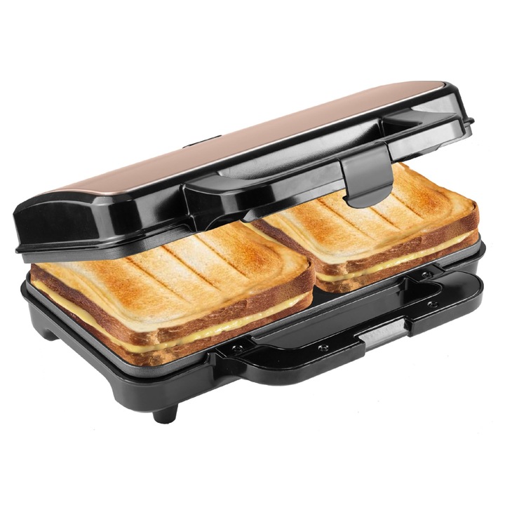 Masina de prăjit sandvișuri Bestron, pentru 2 sandvișuri, negru/cupri, control automat al temperaturii
