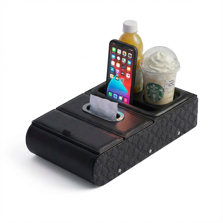 Cotiera Auto Multifunctionala Universala cu Depozitare, Suport Pahare si Sertar Servetele, Montaj Rapid fara Gaurire, negru, Averra