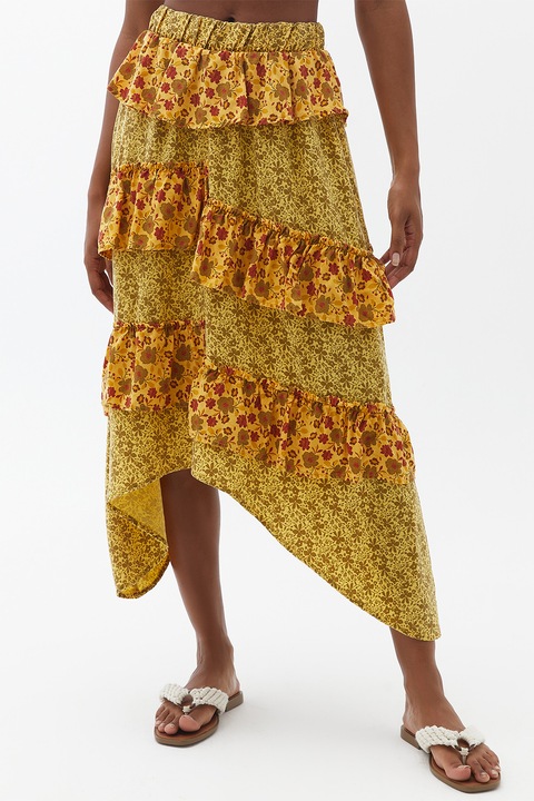 OXXO, Fusta din lyocell cu volane, Galben sofran/Rosu inchis/Verde fistic