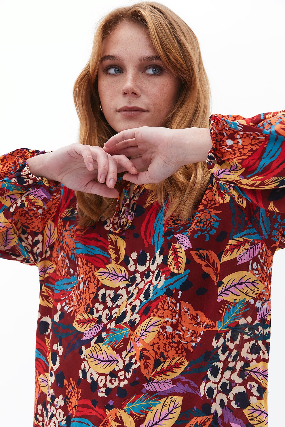 OXXO, Rochie midi cu imprimeu floral, Maro cognac, Portocaliu, Albastru, S