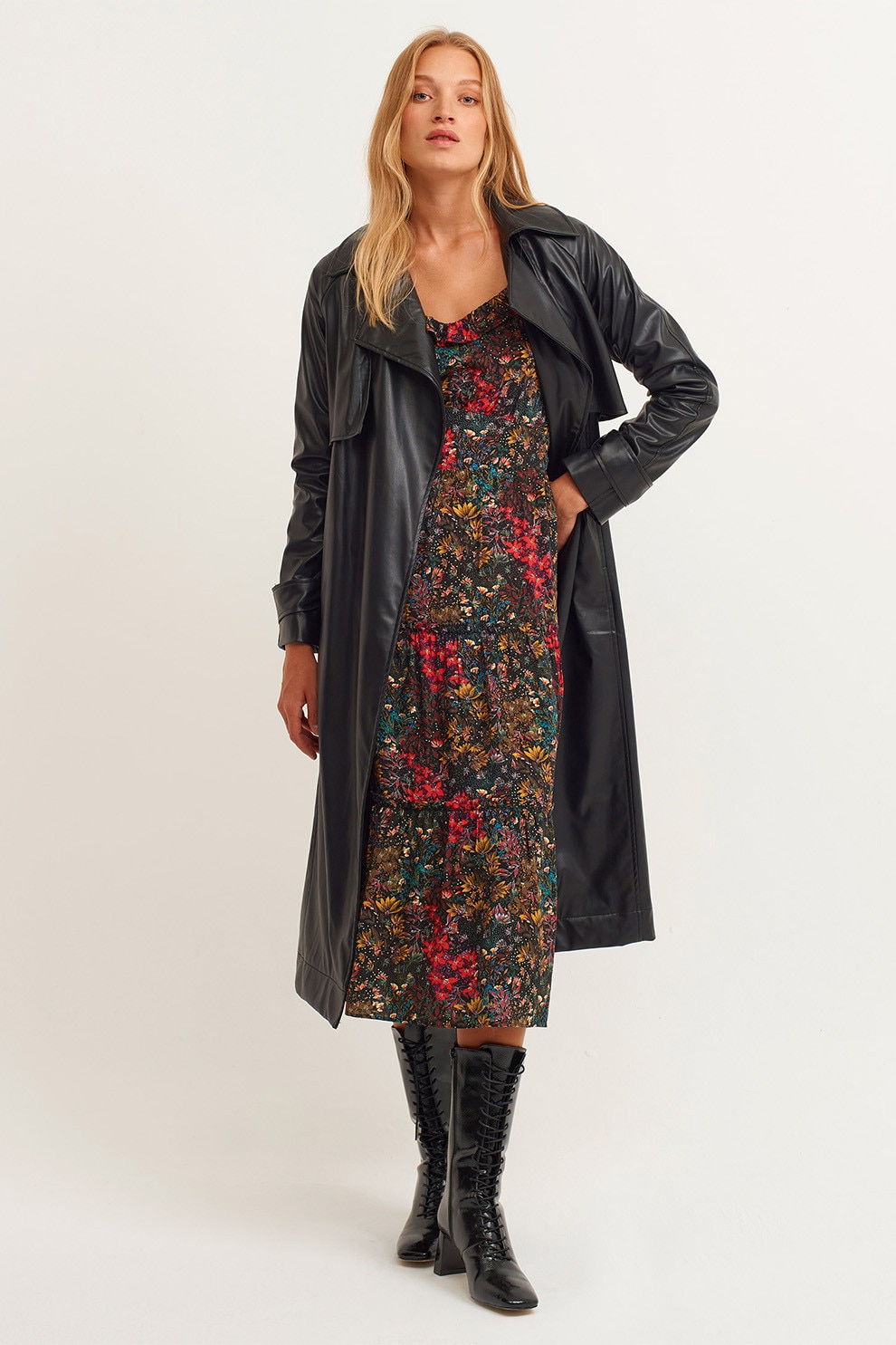 OXXO, Rochie cu model floral si maneci bufante, Rosu, Negru, Galben pai, S