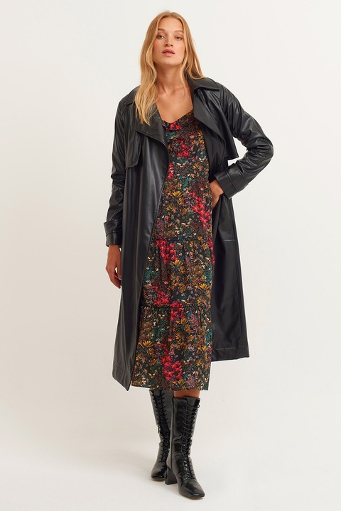 OXXO, Rochie cu model floral si maneci bufante, Rosu/Negru/Galben pai