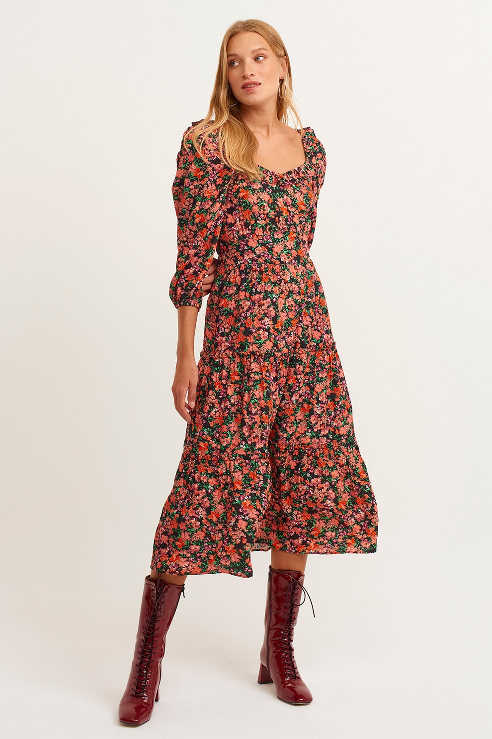 OXXO, Rochie cu model floral si maneci bufante, Verde, Coral, Portocaliu mandarina, S