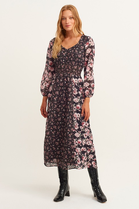 OXXO, Rochie evazata cu imprimeu floral, Negru/Roz