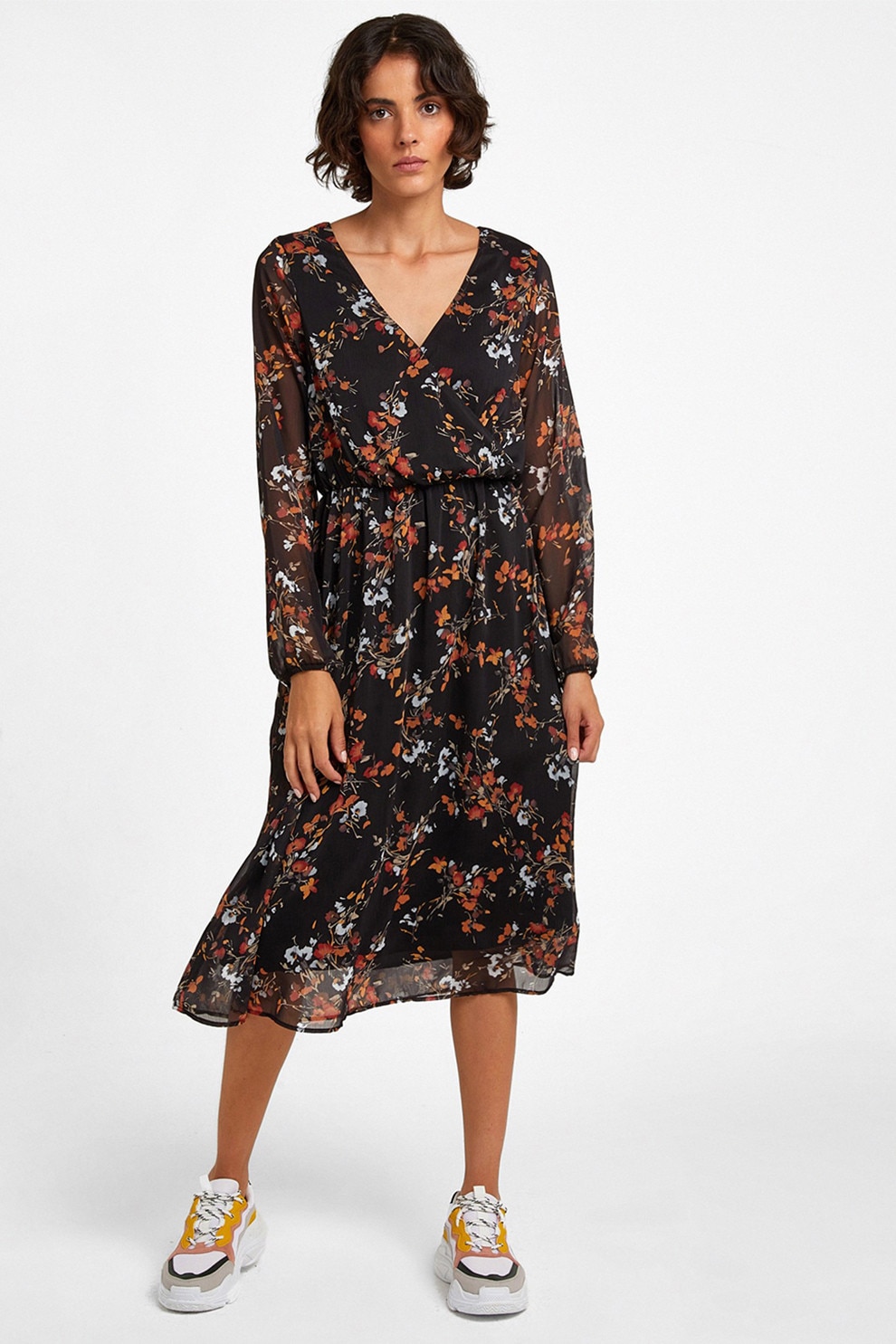 OXXO, Rochie midi din sifon, Negru, Portocaliu, Albastru deschis, S