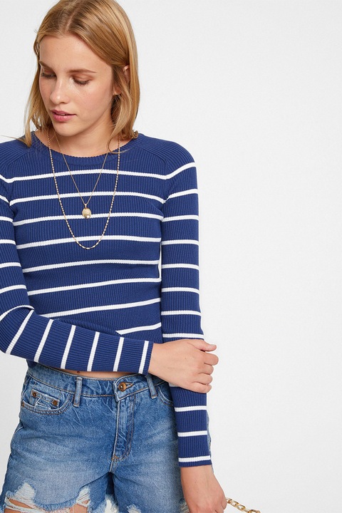 OXXO, Pulover crop cu terminatie valurita, Alb/Albastru
