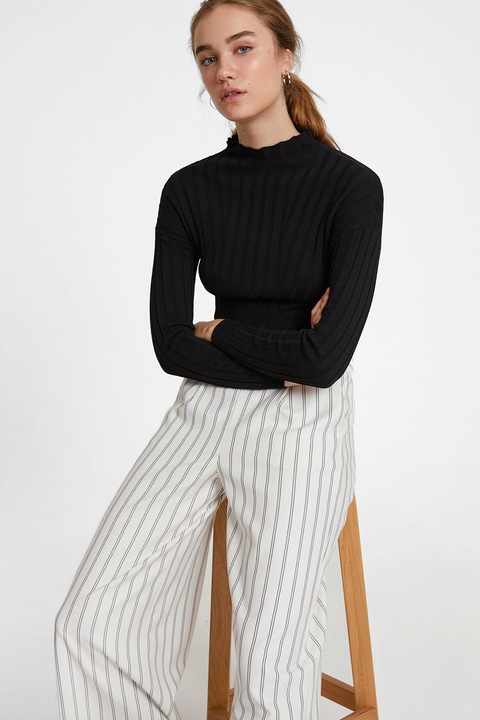 OXXO, Pulover striat slim fit cu guler inalt, Negru