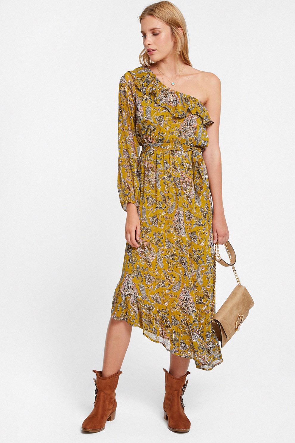 OXXO, Rochie cu decolteu pe un umar si model paisley, Alb, Negru, Galben sofran, M