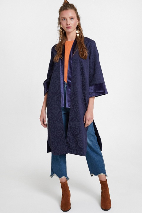 OXXO, Sacou-chimono din catifea si material jacquard, Bleumarin