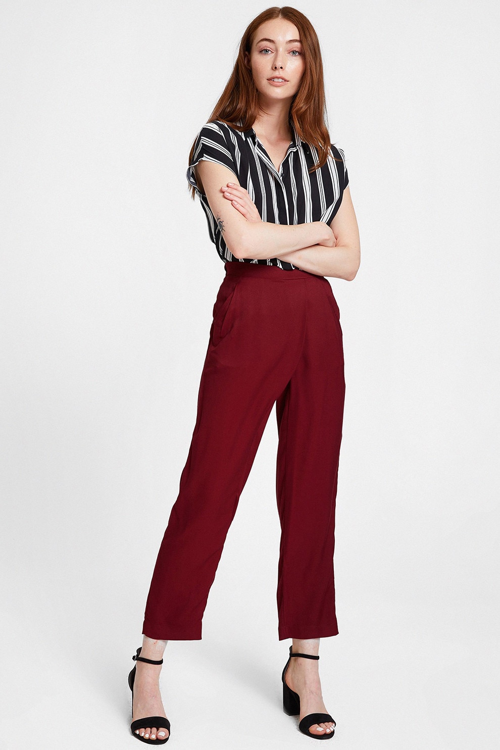 OXXO, Pantaloni crop cu croiala dreapta si talie elastica, Visiniu, L