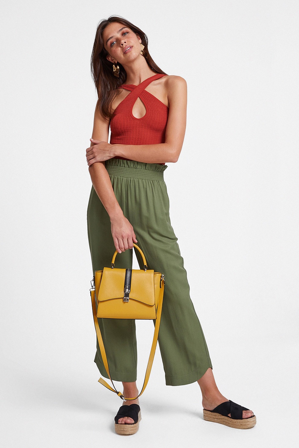 OXXO, Pantaloni crop cu banda elastica in talie, Kaki inchis, 2XS