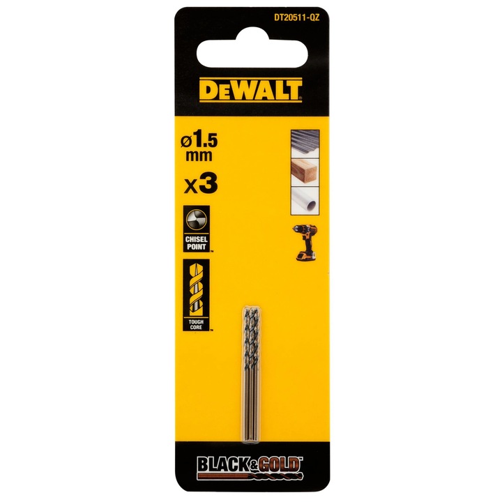 Set burghie HSS Black & Gold 1.5mm, DeWALT, 3 bucati