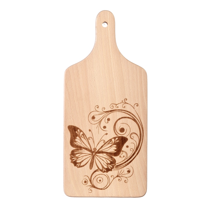 Tocator de bucatarie din lemn 30 x 14 cm fluture cu imagine gravata