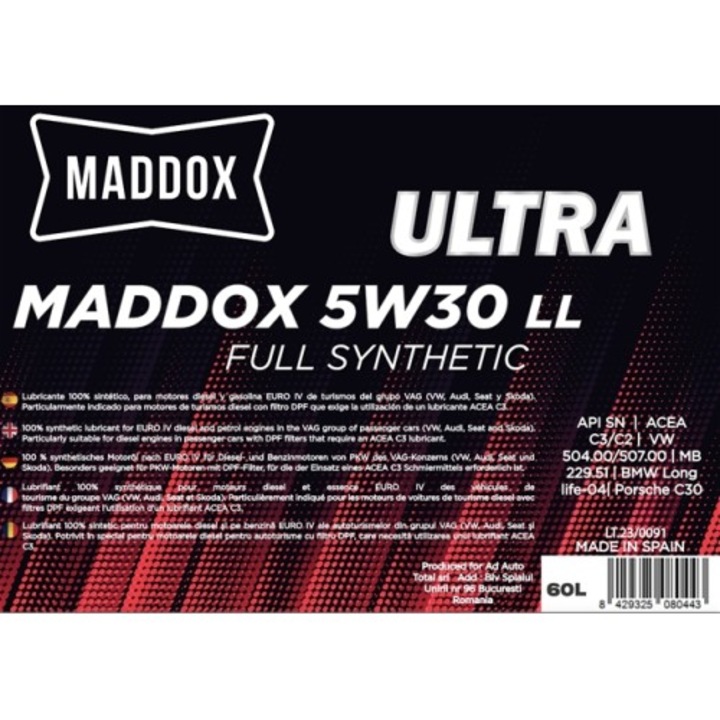 Ulei motor Maddox 5W-30 LL C3 sintetic, 60L